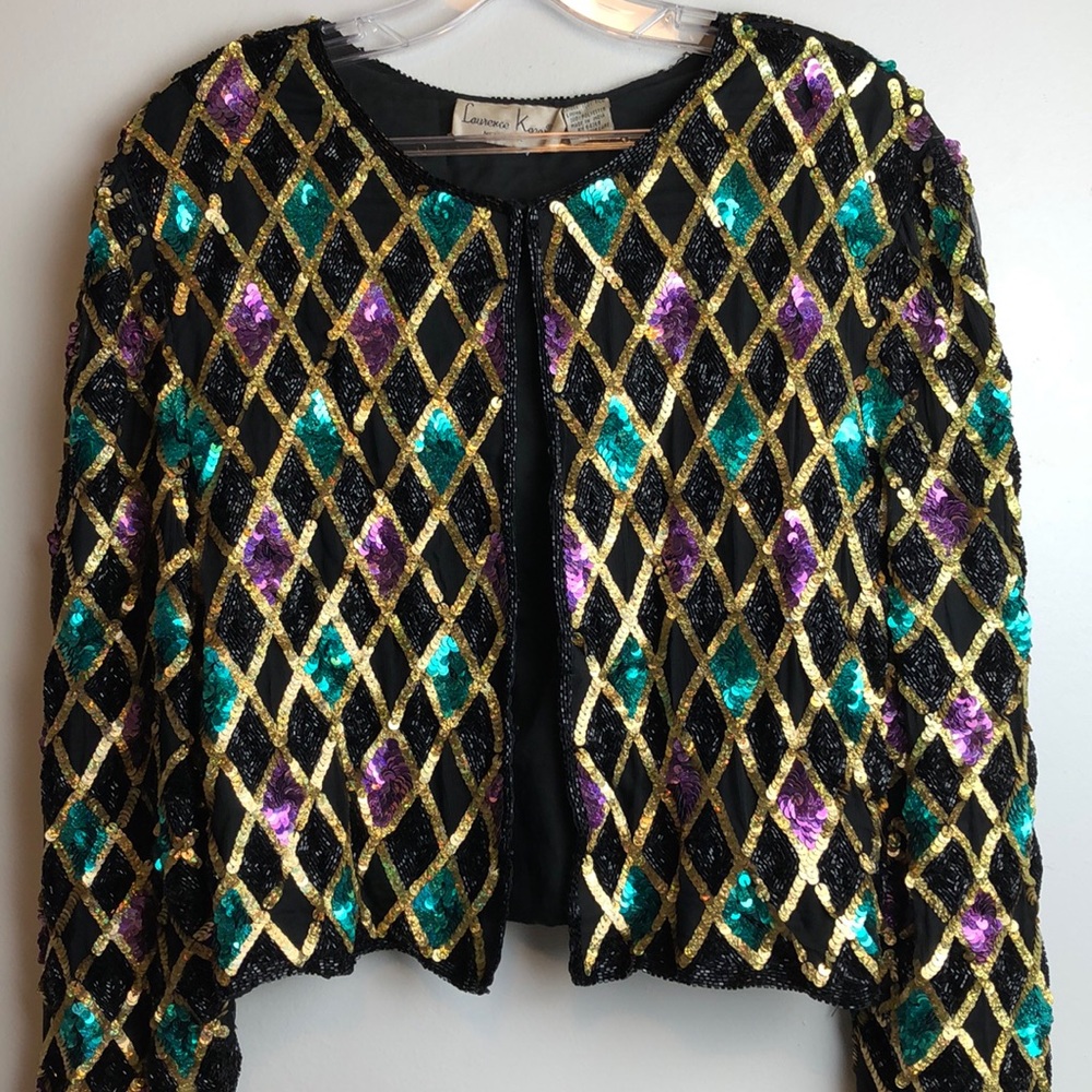 Final Price vintage colorful harlequin beaded sequins crop  jacket large XL